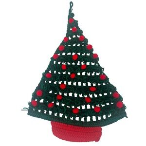 Hand Crochet Christmas Tree Wall Hanging With Red Balls Wired‎ Base Handmade 29"
